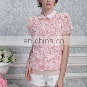 Korea Roses Flowers Pink Color Ladies Blouse Ladies Top Fashion Blouse