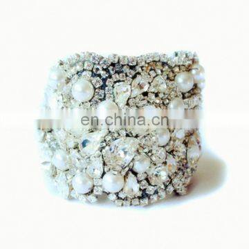 Aidocrystal Handmade Fashion Silver Full Rhinestone Pearl Bracelets White Wedding Wide Cuff Bangles