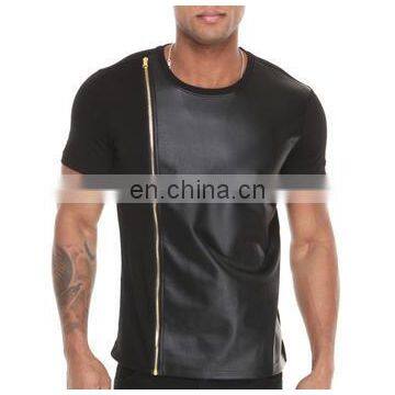 leather fashion t shirts - 100% organic Cotton Fashion PU Leather Animal print t shirt - custom print shirt with leather sleeves