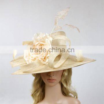 Wholesale Wide Brim Hat Flower With Feather Church Philippine Sinamay Hat Quality Choice