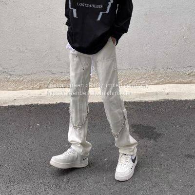 Gaojiechao brand loose straight jeans with chain hiphop fried Street white design pants