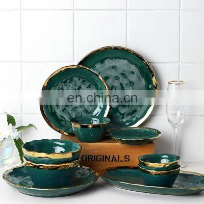 Green gold plated tableware ceramic plate steak plate set