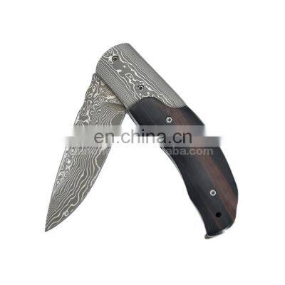 Damascus steel blade folding knife Olive wood handle camping knife