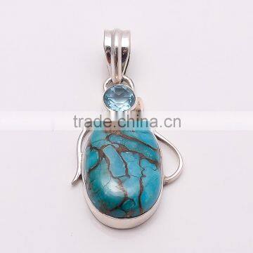 COPPER TURQUOISE AND BLUE TOPPAZ 925 Sterling Silver Pendant, Silver Jewelry Manufacturer, Fine Silver Jewelry