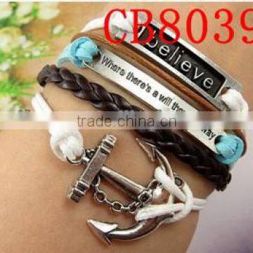 CB8039 fashion accessory braided friendship anchor infinity leather bracelet from china-wholesale