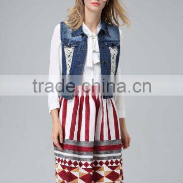 Summer Women Lace Stitching Jean Vest Waistcoat Denim Vest photo-2