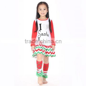 2015 red with green I love santa applique chevron ruffle dress, baby christmas dress