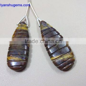 Yellow Tiger Eye 13*34 Long Pear with carving, Pair 100% Natural gemstones AAA Quality product Hand made in India