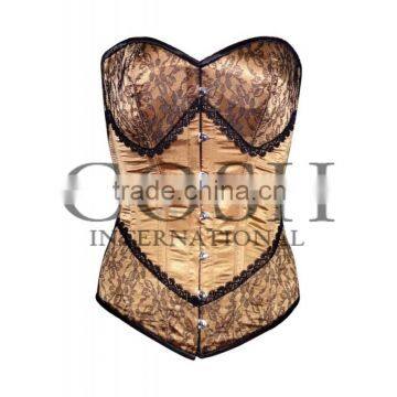 Overbust steel boned corset in brown satin with lace And Mesh Ci-1125