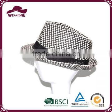 China paper fabric fedora hat, black & white checked fabric hat