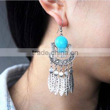 New Summer Style Ginasy Silver Geometry Turquoise Leaf Drop Tassels Dangle Earrings