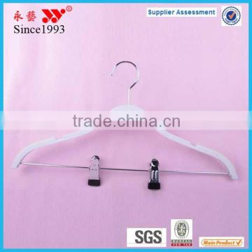 white plastic hanger for top and bottom clothes hangers