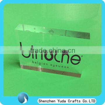 clear silkscreen acrylic logo block with lolished edges, acrylic sign plate display