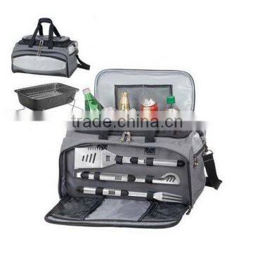 Portable charcoal BBQ grill with cooler bag and BBQ tools