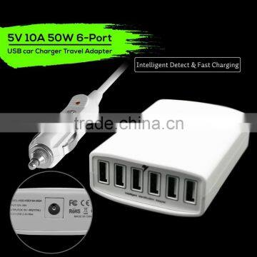 New Arrival 5V 10A 50W 6 port usb charger travel adapter Intelligent Detect & Fast car charger