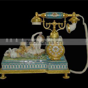 Antique Curio Ceramic Telephone Table Clock, Gold Plated Brass Footed Desk Clock, Collectable Home Decorative Table Clock photo-2