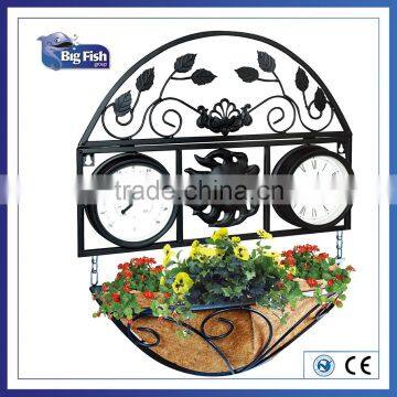 archaistic/antique Decorative promotional outdoor Garden metal wall clock /thermometer with hanging flower basket coco liner