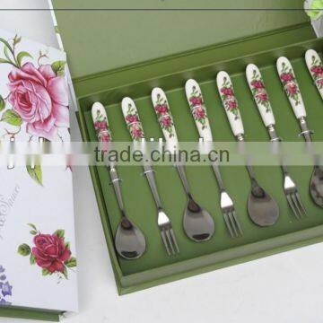 Ceramic handle gift flatware set with elegant wooden box