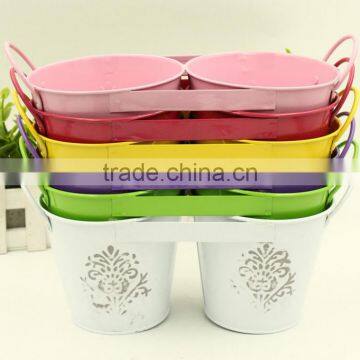 Connected double colourful cartoon style metal flower bucket /planter/pot with handle