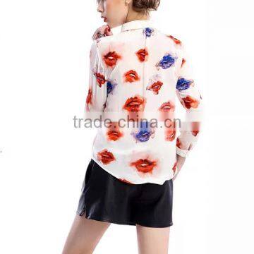 2015 New Fashion Casual OEM Long Sleeve Front Open Blouse Shirt Girls Print Chiffon Blouse With Mandarin Collar photo-3