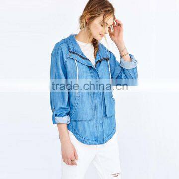 Zip up Women Denim Jacket Oversized With Hoodies and Curved Hem photo-3
