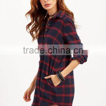 Navy Plaid Roll Tab Sleeve Half Placket Shirt Dress 100% Cotton Pocket Curved Hem Button Casual Short Dress photo-4