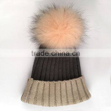 Myfur Hot Sale Ladies Winter Raccoon Fur Ball Attached Knitting Beanie Hat