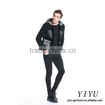 Men Patchwork Leather Knitted Jackets Coat Alpaca Hooded Sweater With Zipper photo-6