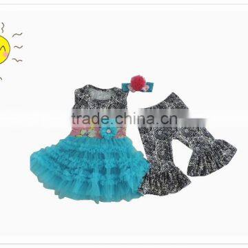 2017 children Clothing Kids fall clothing set wholesale from turkey girls ruffle lace tutu dress + pants + Accessories