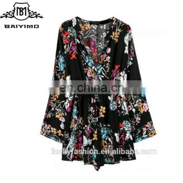 2016 BAIYIMO Women Plus size black vintage mini floral printed neck off shoulder Rompers long sleeve jumpsuits