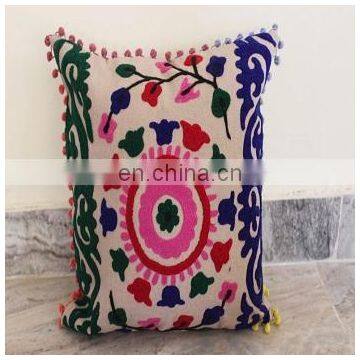 Vintage Suzani Cushion Cover Embroidered 16x16'' Indian Pillow Case Pom Pom Cu05