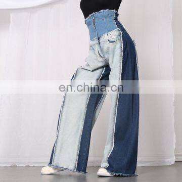 Denim Patchwork High Waist Pocket Hit Color Large Size Wide Leg Pants Female 2020 photo-4
