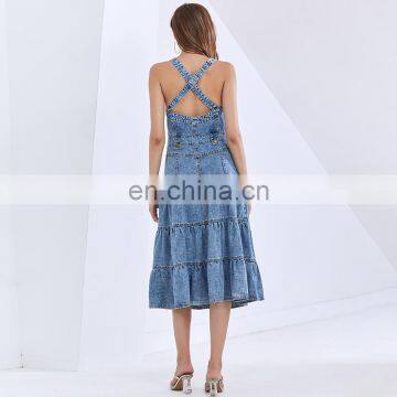 TWOTWINSTYLE Square Collar Sleeveless High Waist Cross Sling Midi Ladies Denim Dresses photo-7