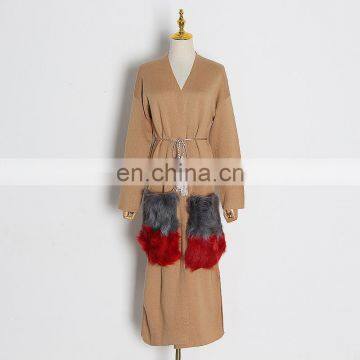 Patchwork Fur Pocket Women's Knitted Coat Autumn New