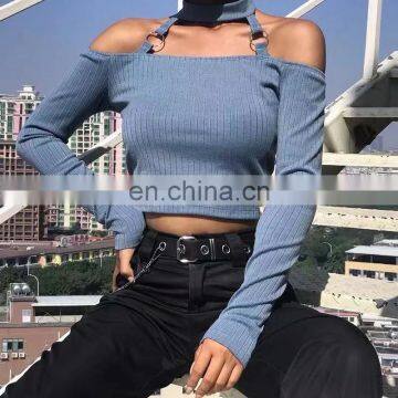 Wholesale Cheap Women One-shoulder Tight-fitting Bottoming Shirt Sexy Leaky Shoulder Ladies Long Sleeve Crop Tops