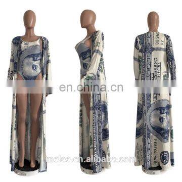 Mesh Sexy Two Piece Set Women Dollar Print Skinny Outfits Long Sleeve Cloak Bodysuit And Pants Beach 2 Piece Set Summer