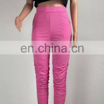 Autumn Women Casual Stacked Leggings Female Mid Waist Pocket Drawstring Solid Pants Pleated Ripped over size Pants