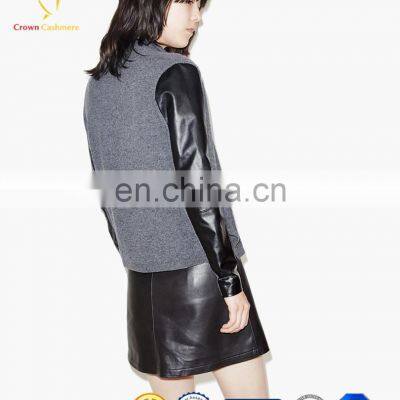 Woolen Female Cardigan Sweater With Leather Sleeve photo-2