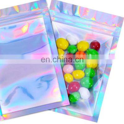 Stocked 3 side sealed small holographic plastic laser zip hologram bag with flap packaging