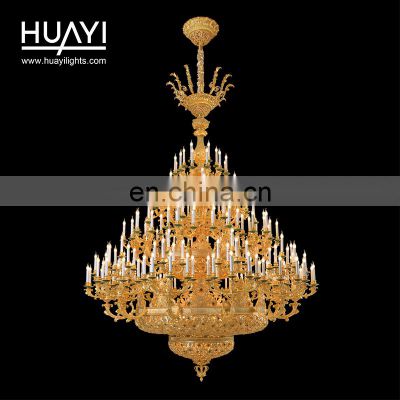 HUAYI  Customized Luxury Five star Hotel  Pendant Decorative Light Classical Golden Copper E14 Candle Emerald Light Souse