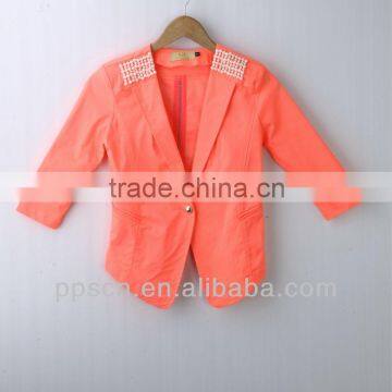 fashion spring neon color ladies'casual tail suit,fashion ladies'jacket with pearl on shoulder and accessory zipper on back