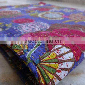 Topicl Kantha Quilt, Twin Size Cotton Quilt India, Handmade Kantha Bedspread, Indian Kantha Bedcover