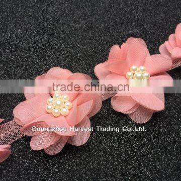 Lovely Pearl Chiffon Flower Lace,Flower Trimming On Tulle For Children Clothing photo-2