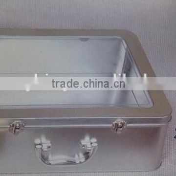 big size tin box: 400x296x120mm with lock and handle PVC window