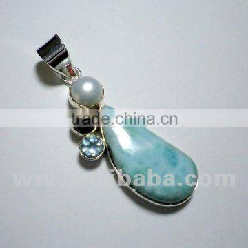 Larimar Pearl & Topaz Cabochon 925 Solid Sterling Silver Pendant, Designer Sterling Silver Gemstone Pendant, Gemstone Pendant