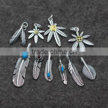 Silver charm pendant feather leaf stone