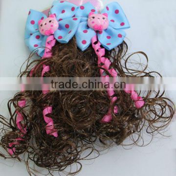 Child Ponytail Wigs Brown Wavy Wigs Cat Dots Hair bow clip Fall Hairpieces