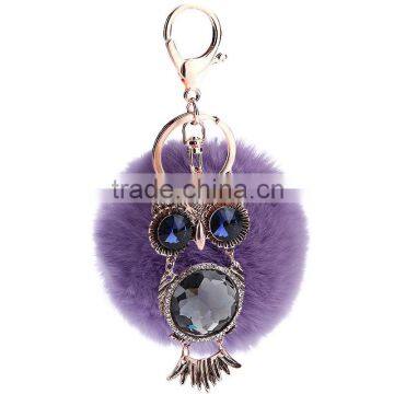 2016 New 8m Rhinestone Owl Faux Rabbit Fur Pom Pom Keychain For Handbag Car Keyring Women Girls