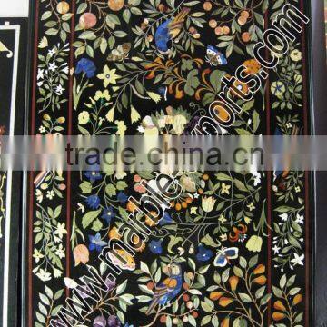 Black Rectangle Marble Inlay Table Top, Marble inlay dining inlaid Table top, flower black table top