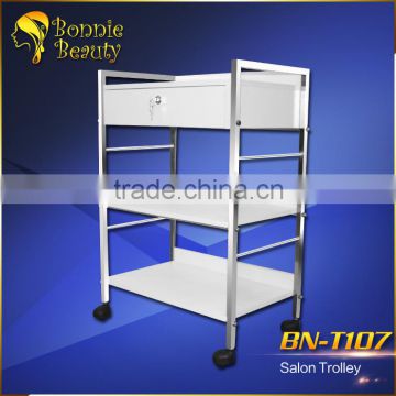 White beauty salon lockable electroplated trolley with drawer